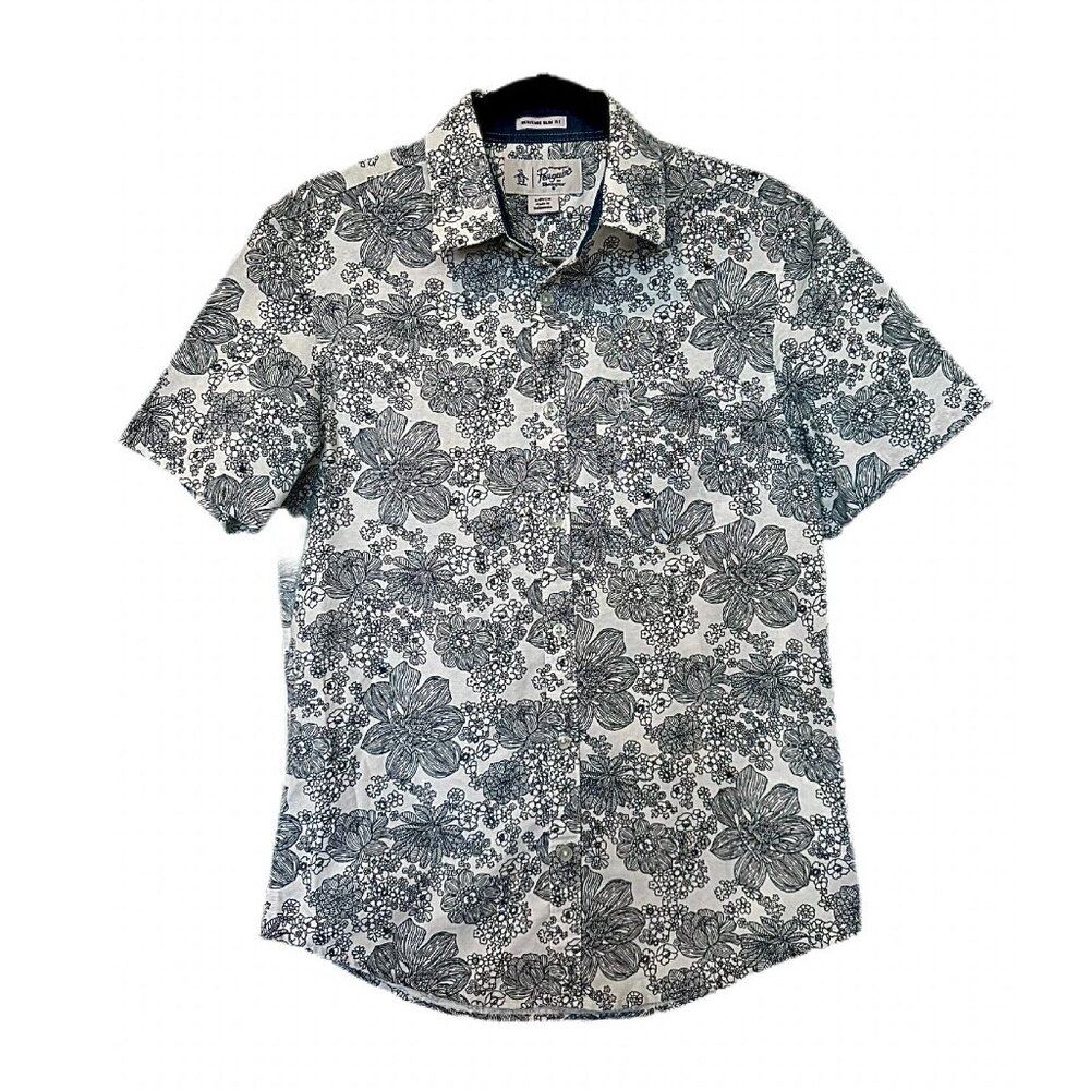 ORIGINAL PENGUIN Black & White Floral Slim-Fit Short-Sleeve Button Down
